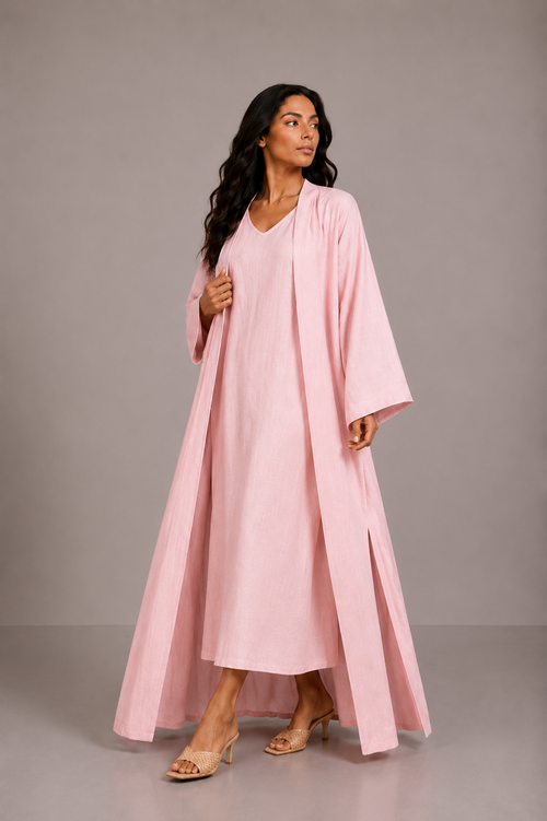 Pink Linen Abaya Set