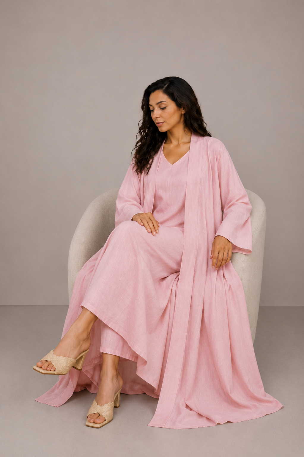 Pink Linen Abaya Set