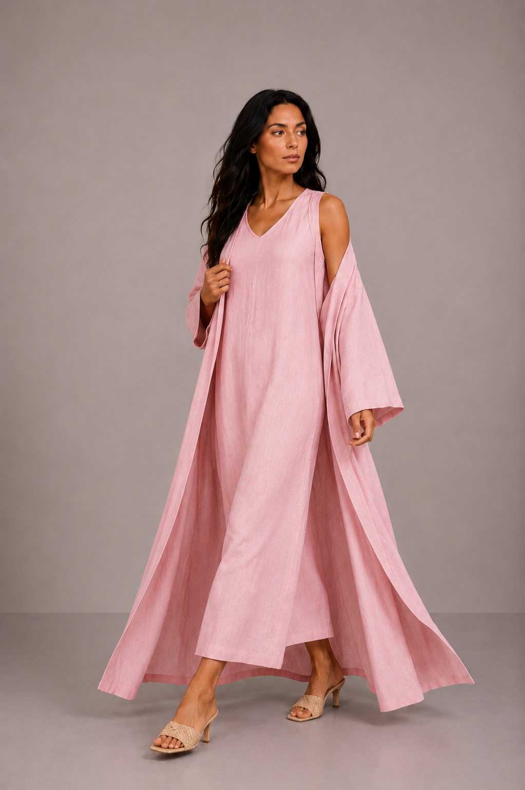 Pink Linen Abaya Set